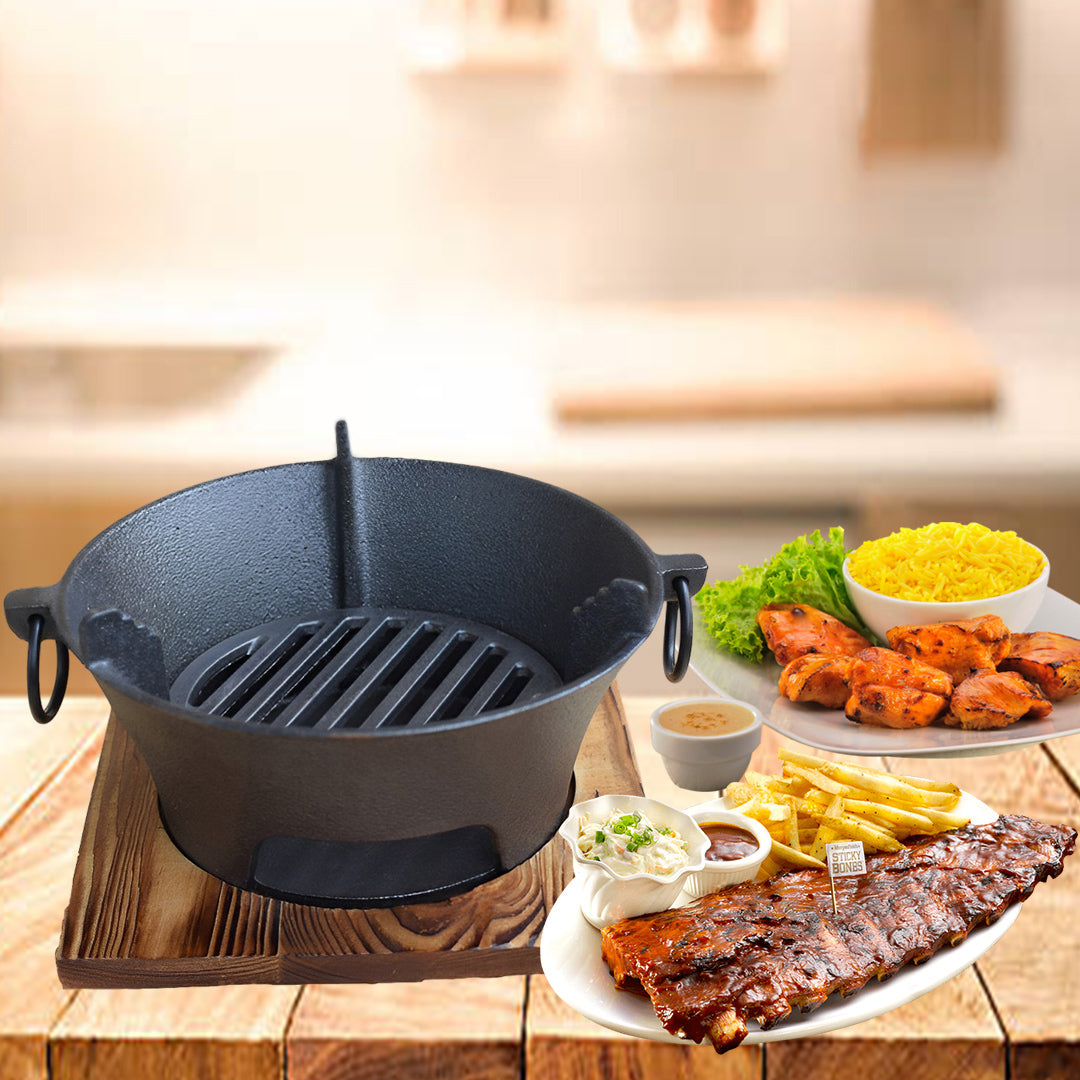 Small Cast Iron Round Stove Charcoal Table Net Grill Japanese Style BBQ Picnic Camping with Wooden Board