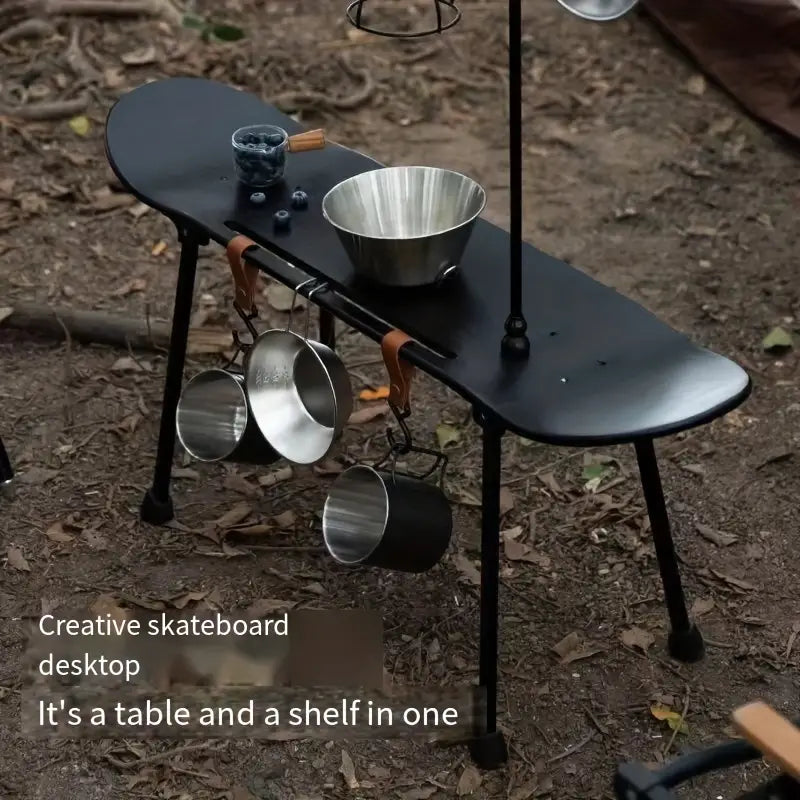 Black Skateboard Shape Courtyard Camping Table - Foldable & Lightweight