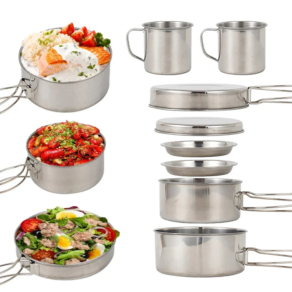 NNEOBA 8-Piece Camping Cookware Mess Kit Silver-1