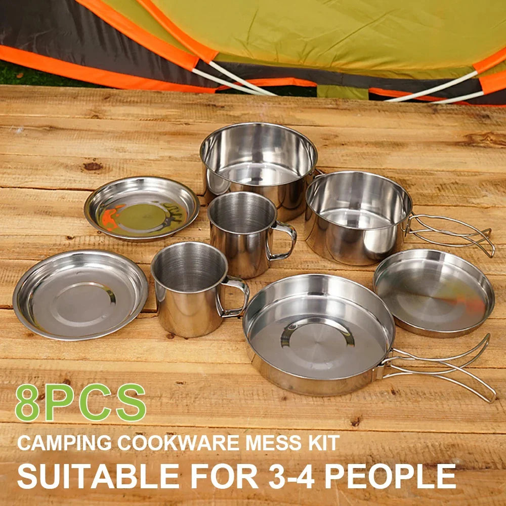 NNEOBA 8-Piece Camping Cookware Mess Kit Silver-3
