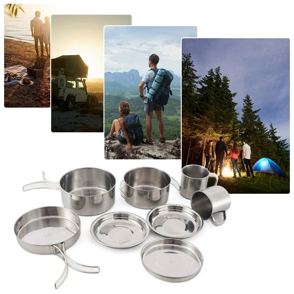 NNEOBA 8-Piece Camping Cookware Mess Kit Silver-2